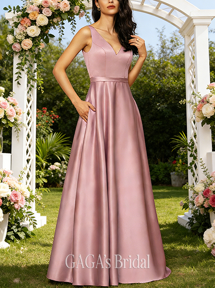 New Arrival A-line Luxurious V-Neck Floor-Length Satin Bridesmaid Dress