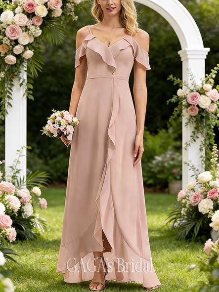 New Arrival A-line Floral V-Neck Asymmetrical Chiffon Bridesmaid Dress With Cascading Ruffles
