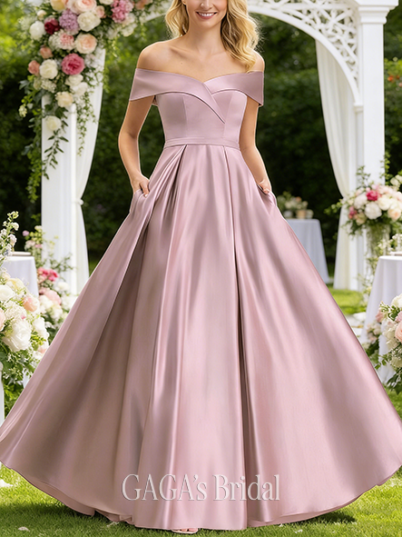 Plus Size A-line Majestic Off the Shoulder Floor-Length Satin Bridesmaid Dress