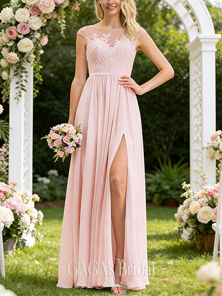 Plus Size A-line Fantasy Scoop Floor-Length Lace Chiffon Bridesmaid Dress