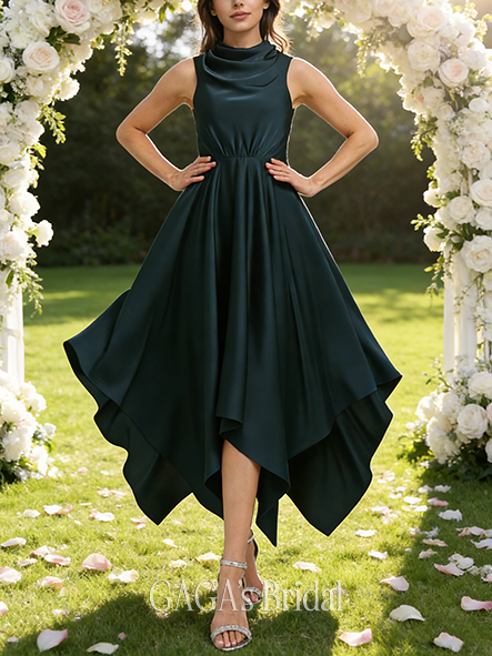 Short A-line Modest High Neck Asymmetrical Matte Satin Bridesmaid Dress