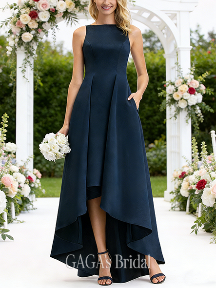 Plus Size A-line Streamlined Scoop Asymmetrical Satin Bridesmaid Dress