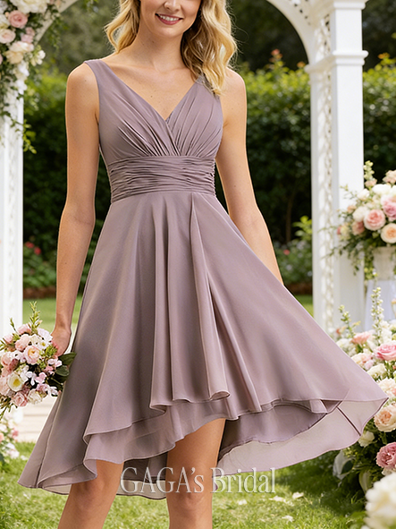 A-line Modern V-Neck Asymmetrical Chiffon Bridesmaid Dress With Ruffle