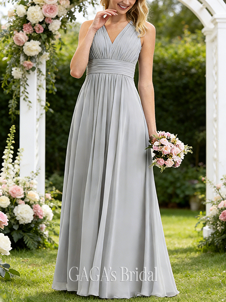 A-line Pretty V-Neck Floor-Length Chiffon Bridesmaid Dress With Bow Ruffle