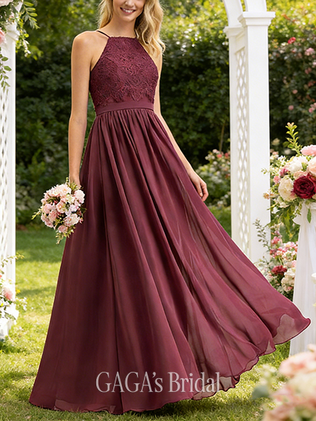 A-line Delicate Square Floor-Length Lace Chiffon Bridesmaid Dress