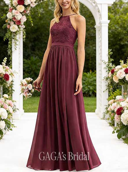 A-line Delicate Square Floor-Length Lace Chiffon Bridesmaid Dress