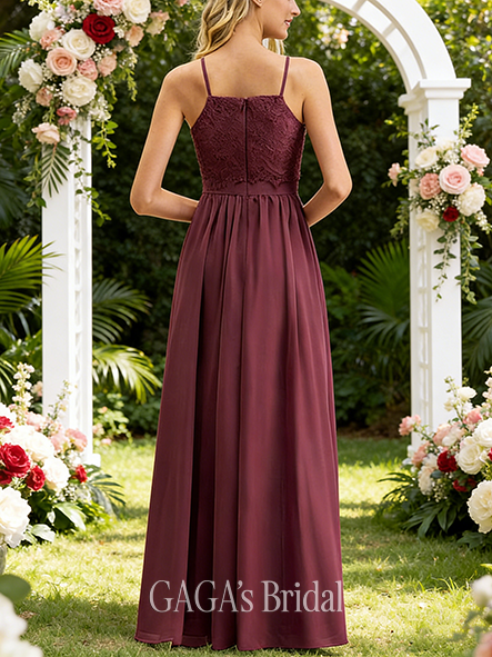 A-line Delicate Square Floor-Length Lace Chiffon Bridesmaid Dress