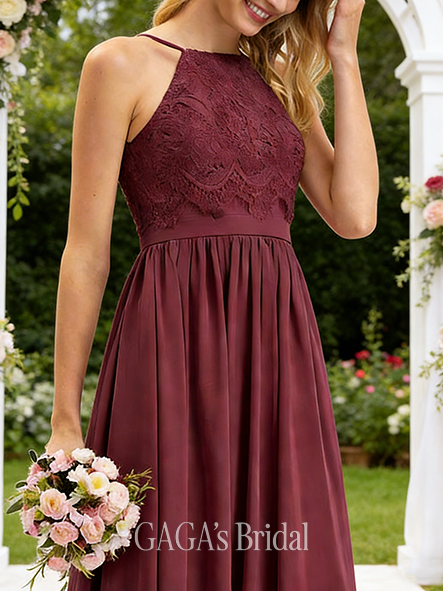 A-line Delicate Square Floor-Length Lace Chiffon Bridesmaid Dress