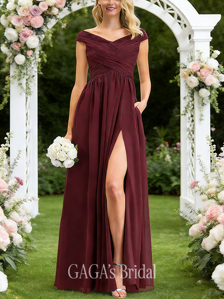 New Arrival A-line Stylish Off the Shoulder Floor-Length Chiffon Bridesmaid Dress With Ruffle Ruched