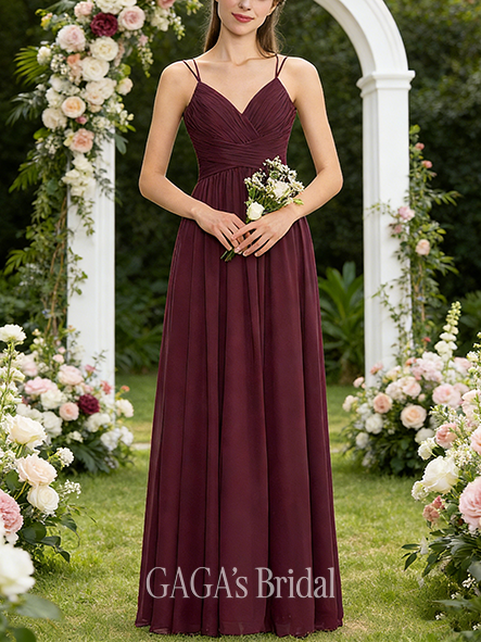 A-line Lace-Edged V-Neck Floor-Length Lace Chiffon Bridesmaid Dress With Ruffle