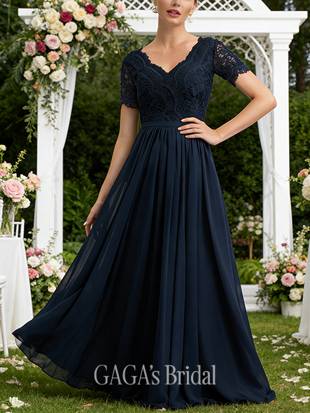 New Arrival A-line Attractive V-Neck Floor-Length Lace Chiffon Bridesmaid Dress