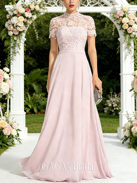 New Arrival A-line Calm High Neck Floor-Length Lace Chiffon Bridesmaid Dress