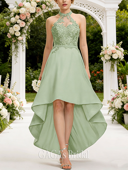 New Arrival A-line Distinctive Halter Asymmetrical Lace Chiffon Bridesmaid Dress