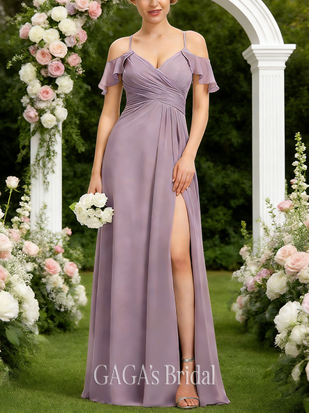 Junior A-line Polished Cold Shoulder Floor-Length Chiffon Bridesmaid Dress With Pleated
