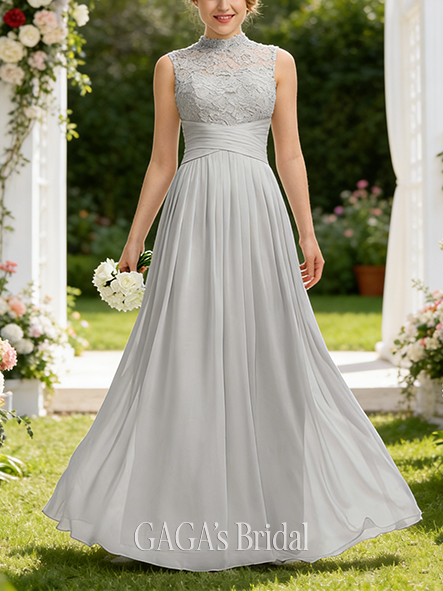 New Arrival A-line Graceful High Neck Floor-Length Lace Chiffon Bridesmaid Dress With Ruffle