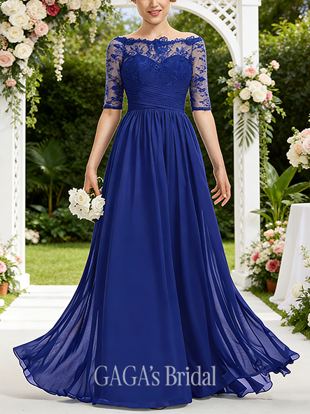 A-line Amorous Off the Shoulder Floor-Length Lace Chiffon Bridesmaid Dress With Ruffle