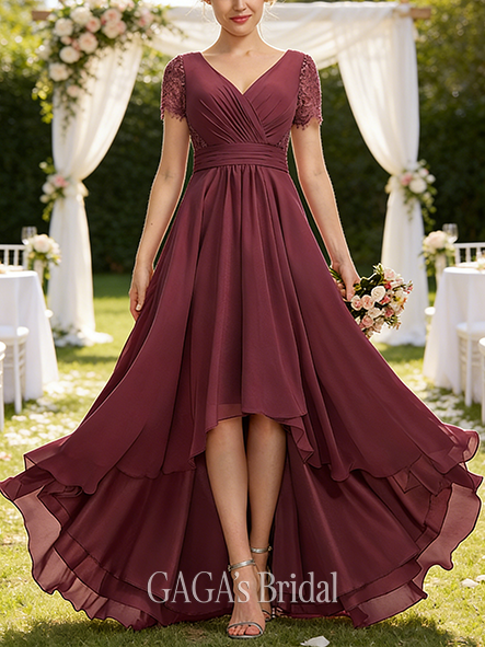 New Arrival A-line Trendy V-Neck Asymmetrical Lace Chiffon Bridesmaid Dress With Pleated