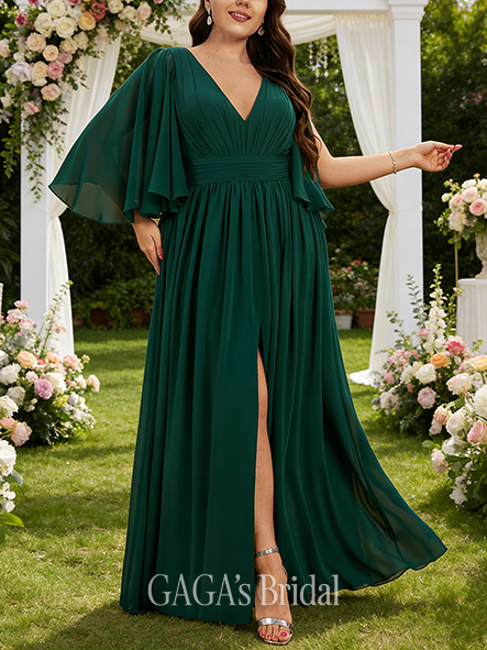 New Arrival A-line Cute V-Neck Floor-Length Chiffon Bridesmaid Dress With Bow Ruffle