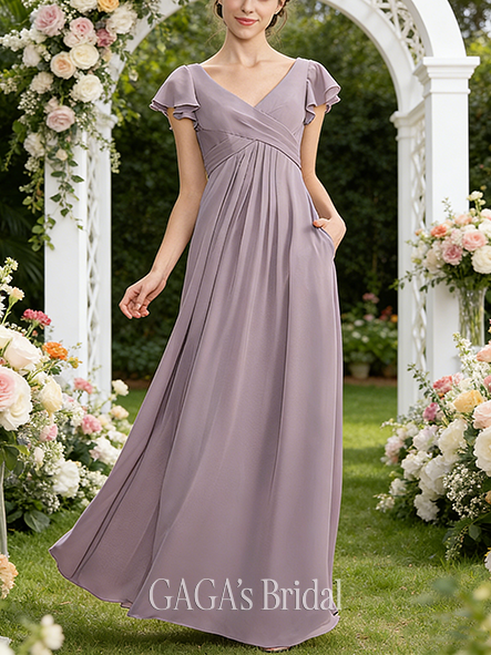 Junior A-line Striking V-Neck Floor-Length Chiffon Bridesmaid Dress With Cascading Ruffles Black and White