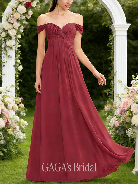 A-line Beautiful Off the Shoulder Floor-Length Chiffon Bridesmaid Dress With Ruffle Ruched