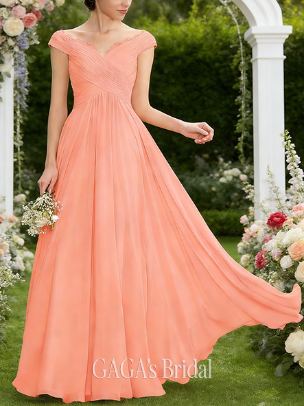 New Arrival A-line Beautiful Off the Shoulder Floor-Length Chiffon Lace Bridesmaid Dress With Ruffle