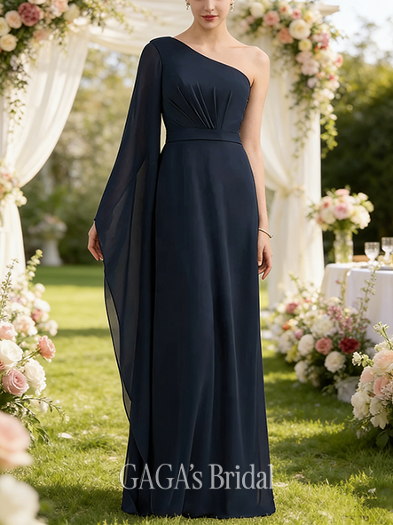 Plus Size A-line Dazzling One Shoulder Floor-Length Chiffon Bridesmaid Dress With Ruffle Black and White