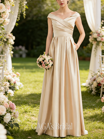 A-line Glitzy Off the Shoulder Floor-Length Satin Bridesmaid Dress With Ruffle