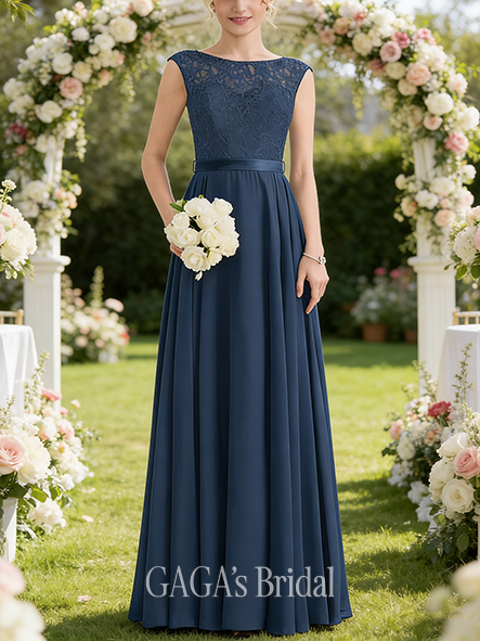 A-line Sweet Scoop Floor-Length Chiffon Lace Bridesmaid Dress With Bow