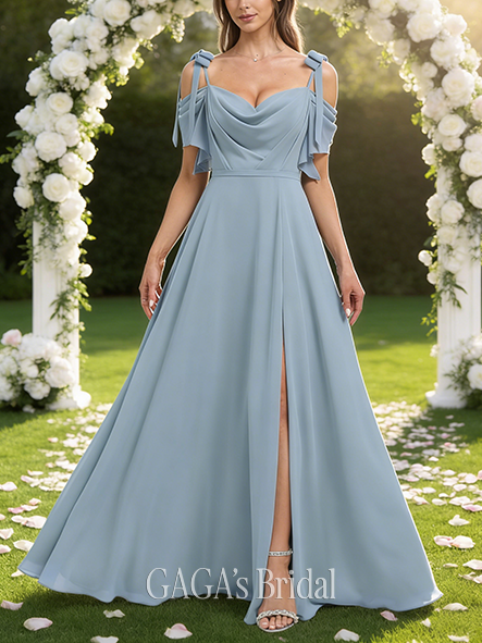 A-line Lovely Cold Shoulder Floor-Length Chiffon Bridesmaid Dress With Bow