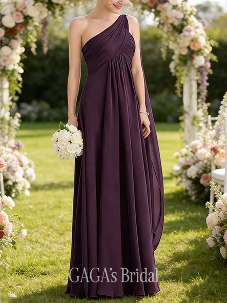 Maternity Friendly A-line Enchanting One Shoulder Floor-Length Chiffon Bridesmaid Dress With Ruffle Black and White