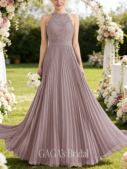 New Arrival A-line Fitted Scoop Floor-Length Lace Chiffon Bridesmaid Dress With Pleated