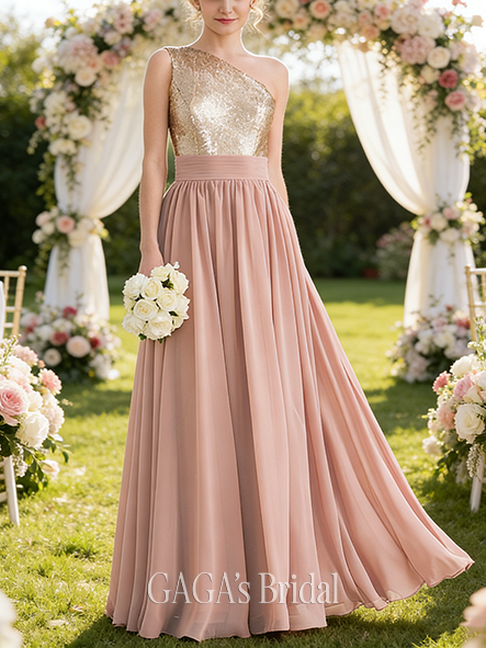A-line Shiny One Shoulder Floor-Length Chiffon Sequin Bridesmaid Dress