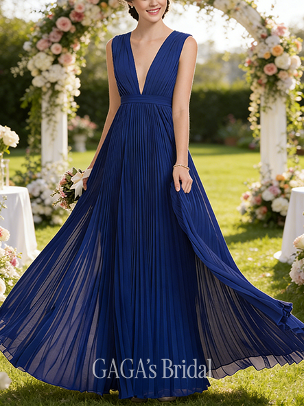 A-line Pretty V-Neck Floor-Length Chiffon Bridesmaid Dress With Bow Pleated