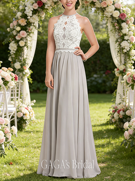 A-line Fantasy Scoop Floor-Length Lace Chiffon Bridesmaid Dress