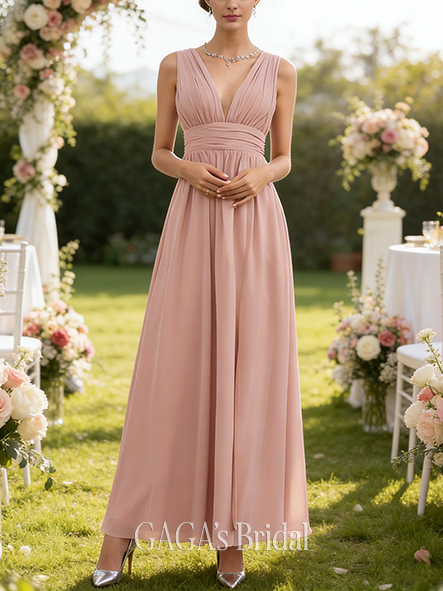 A-line Structured V-Neck Floor-Length Chiffon Bridesmaid Dress With Pleated