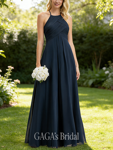 A-line Polished Scoop Floor-Length Chiffon Bridesmaid Dress With Pleated