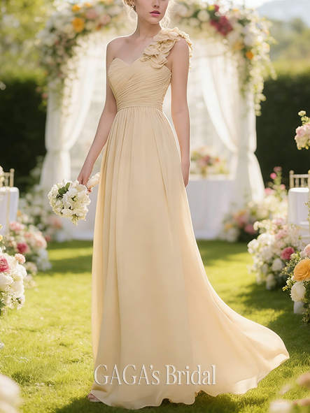 Maternity Friendly A-line Playful One Shoulder Floor-Length Chiffon Bridesmaid Dress With 3D Floral Ruffle