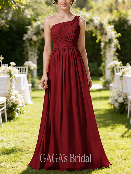 Junior A-line Graceful One-Shoulder Floor-length Chiffon Bridesmaid Dress