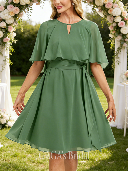 Short A-line Elegant Scoop Knee-Length Chiffon Bridesmaid Dress With Cape