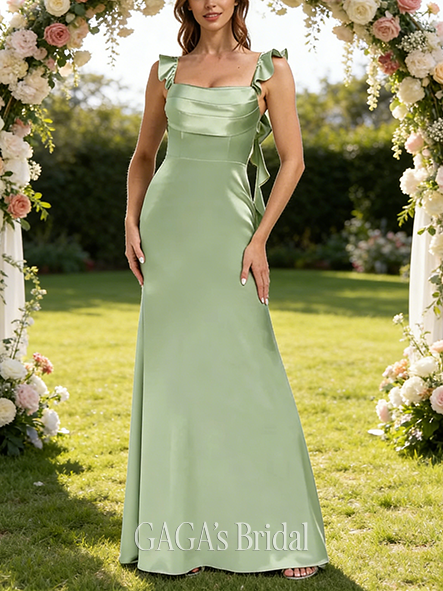 Under $100 A-line Sleek Cowl Floor-Length Stretch Satin Bridesmaid Dress With Ruffle