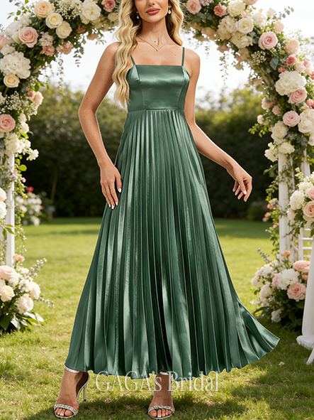 Short A-line Fitted Square Ankle-Length Stretch Satin Bridesmaid Dress With Pleated