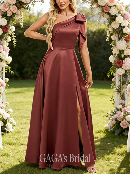 Under $100 A-line Sparkling One Shoulder Floor-Length Satin Bridesmaid Dress With Bow
