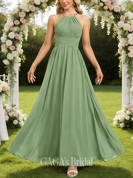 New Arrival A-line Celestial Halter Floor-Length Chiffon Bridesmaid Dress