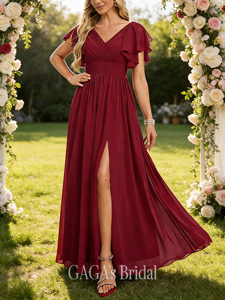 New Arrival A-line Amorous V-Neck Floor-Length Chiffon Bridesmaid Dress With Ruffle
