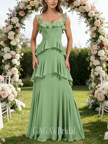 Plus Size A-line Lovely V-Neck Floor-Length Chiffon Bridesmaid Dress With Ruffle