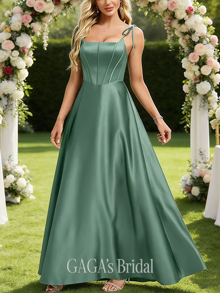 New Arrival A-line Shiny Square Floor-Length Satin Bridesmaid Dress