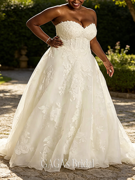 Enchanting Strapless 3D Floral Organza Wedding Dress