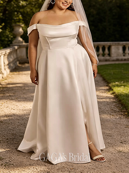 Luminous Off-the-Shoulder Cowl Neckline Satin Wedding Dress