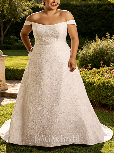 Regal Jacquard Off-the-Shoulder Ball Gown Wedding Dress