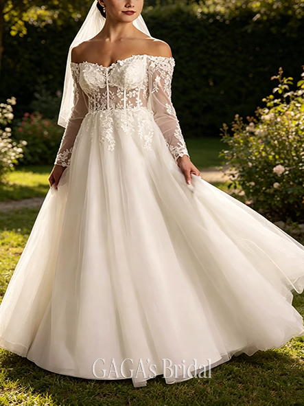 Majestic Off-the-Shoulder Long Sleeve Appliqued Ball Gown